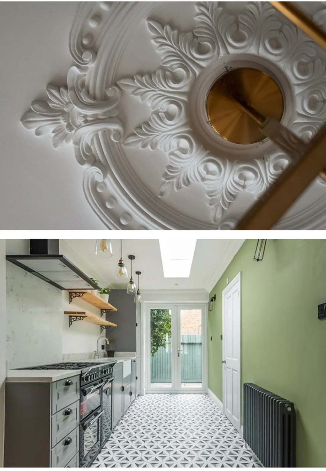 Ornate ceiling rose detail and kitchen with skylight